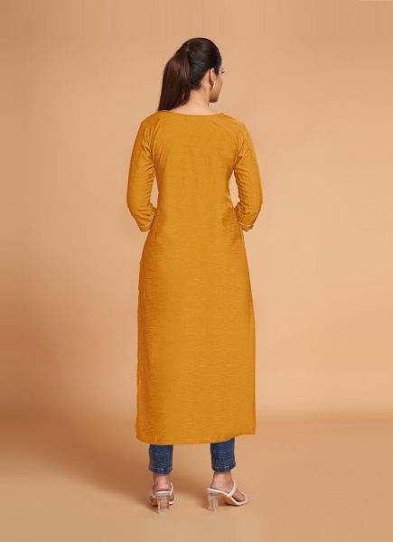 Orange Silk Weaving Festive-Wear Readymade Straight-Line Kurti