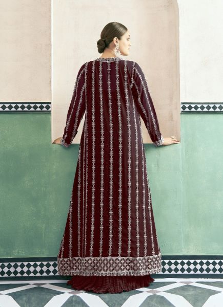 Dark Maroon Georgette Thread-Work Readymade Gown With Jacket For Parties
