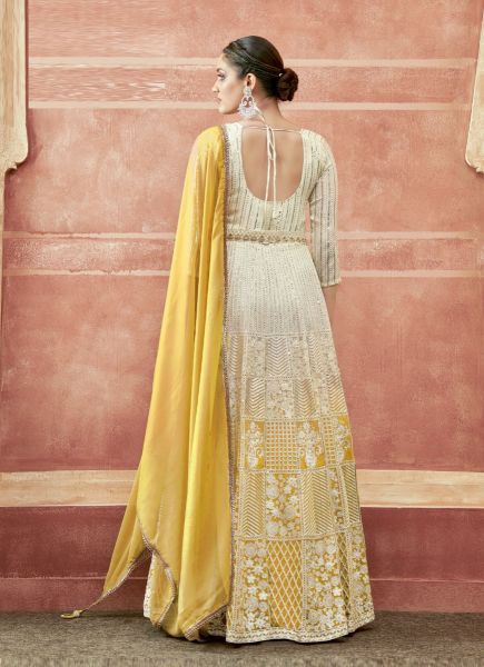 White & Yellow Georgette Sequins-Work Party-Wear Readymade Gown With Dupatta
