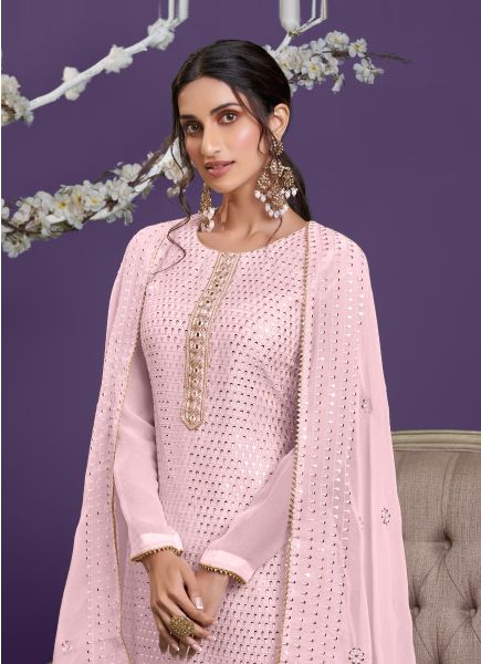 Light Pink Pure Georgette Mirror-Work Party-Wear Sharara-Bottom Salwar Kameez
