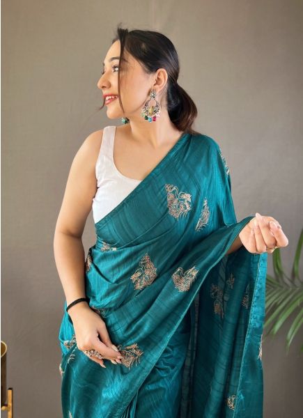 Sea Blue Jari Silk Embroidered Saree For Traditional / Religious Occasions