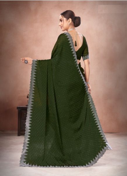 Olive Green Satin Chiffon Swarovski Work Festive-Wear Vibrant Saree