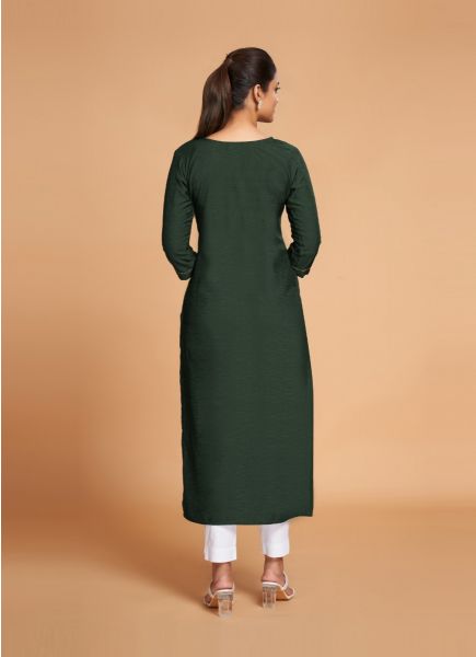 Dark Green Silk Readymade Straight-Line Kurti For Wearing In Office