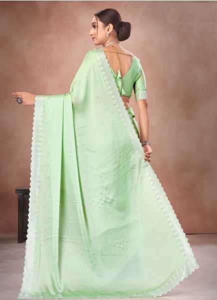 Light Pista Green Satin Chiffon Swarovski Work Festive-Wear Vibrant Saree