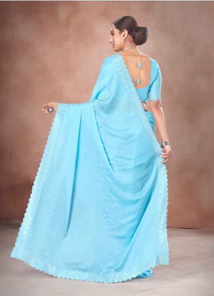 Light Blue Satin Chiffon Swarovski Work Festive-Wear Vibrant Saree