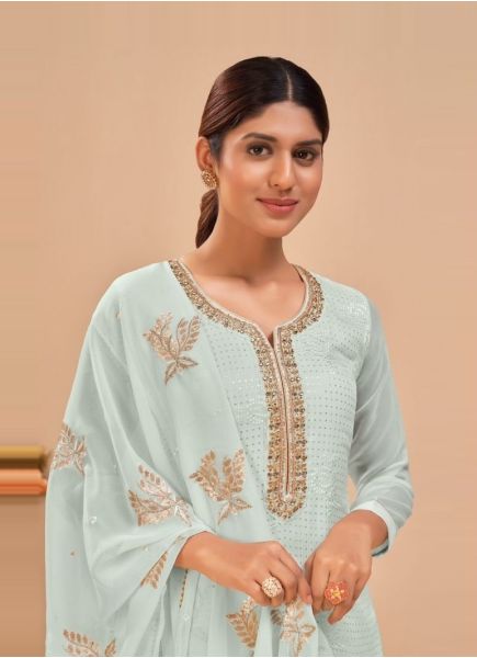 Light Blue Georgette Sequins-Work Straight-Cut Salwar Kameez For Traditional / Religious Occasions