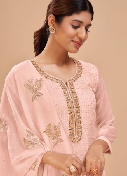 Light Salmon Pink Georgette Sequins-Work Straight-Cut Salwar Kameez For Traditional / Religious Occasions