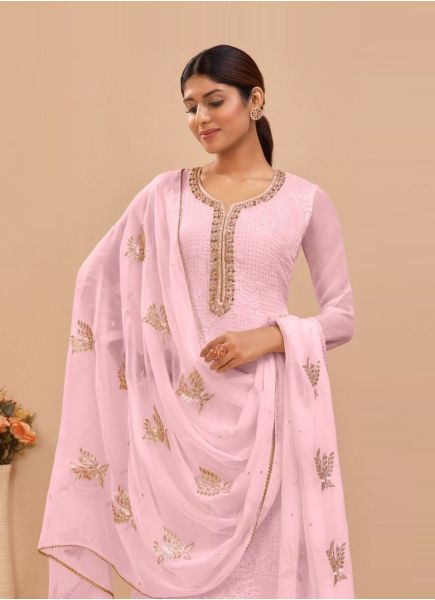 Light Pink Georgette Sequins-Work Straight-Cut Salwar Kameez For Traditional / Religious Occasions