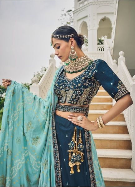 Sea Blue Viscose Silk Wedding-Wear Lehenga Choli With Belt