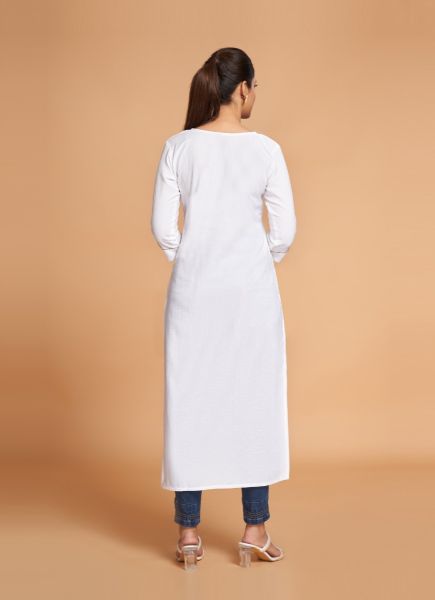 White Silk Weaving Festive-Wear Readymade Straight-Line Kurti