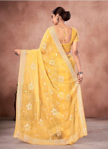 Light Marigold Shimmer Sequins-Work Festive-Wear Saree