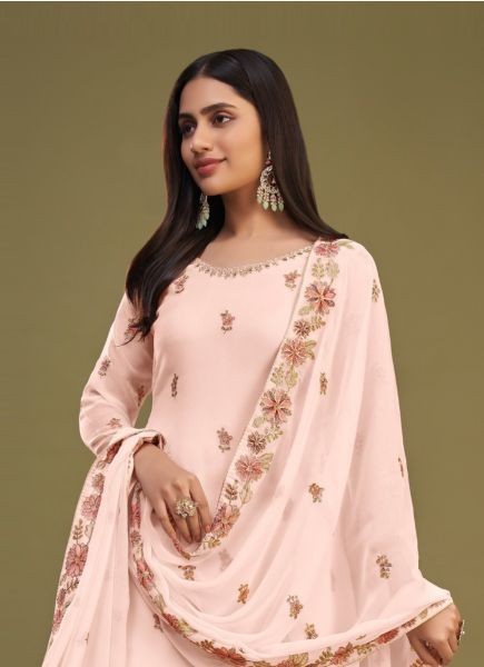 Pink Georgette Thread-Work Gharara-Bottom Salwar Kameez For Traditional / Religious Occasions
