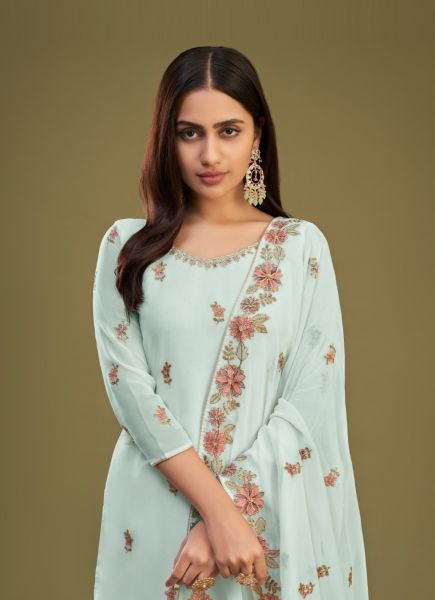 Light Blue Georgette Thread-Work Gharara-Bottom Salwar Kameez For Traditional / Religious Occasions