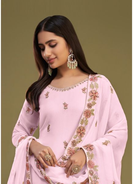Light Pink Georgette Thread-Work Gharara-Bottom Salwar Kameez For Traditional / Religious Occasions