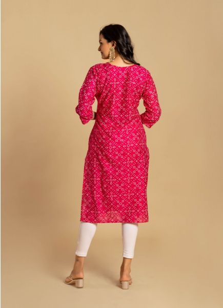Pink Red Chanderi Viscose Bandhani Printed A-Line Readymade Kurti