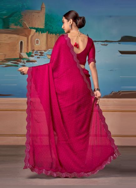 Crimson Red Satin Chiffon Swarovski Work Festive-Wear Vibrant Saree