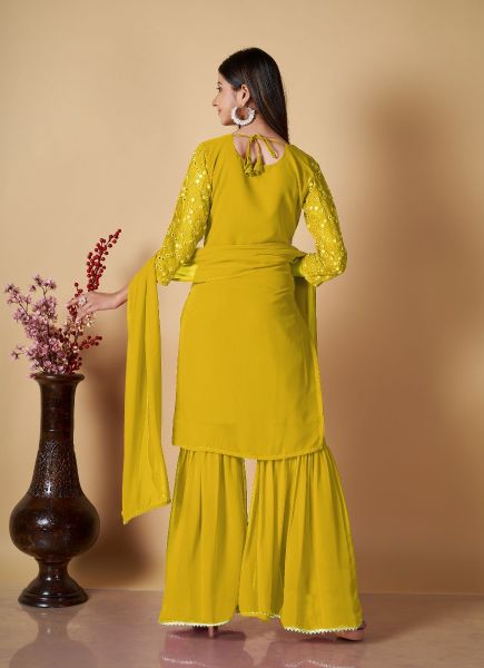 Mustard Yellow Georgette Sequins-Work Gharara-Bottom Readymade Salwar Kameez
