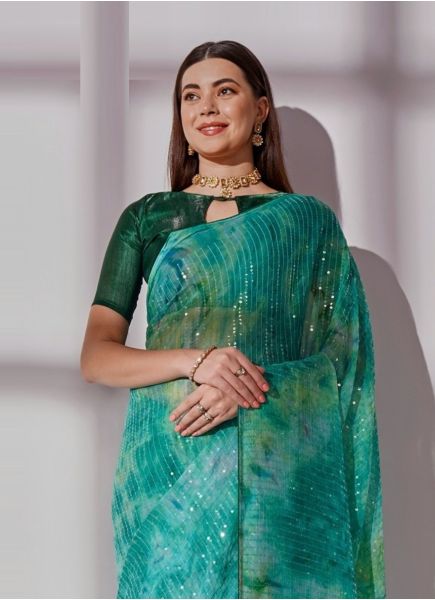Teal Blue Georgette Digitally Printed Sequins-Work Saree For Kitty Parties
