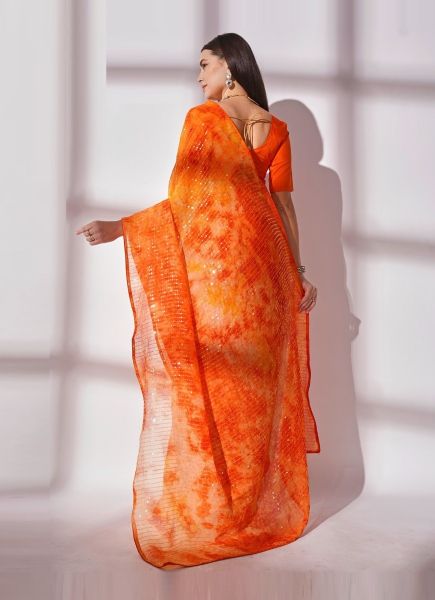Orange Georgette Digitally Printed Sequins-Work Saree For Kitty Parties