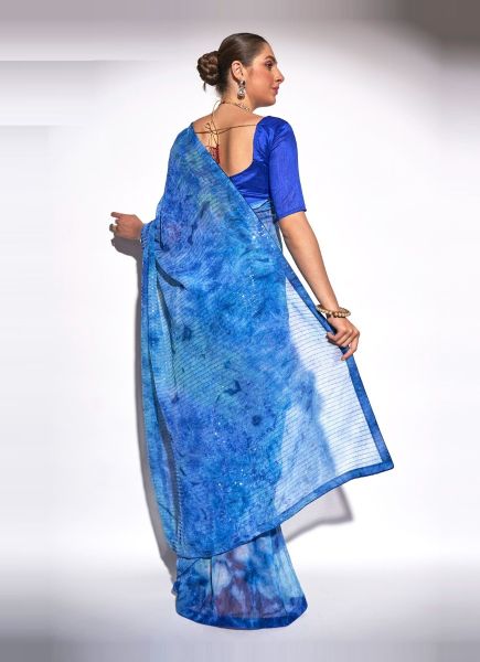 Blue Georgette Digitally Printed Sequins-Work Saree For Kitty Parties