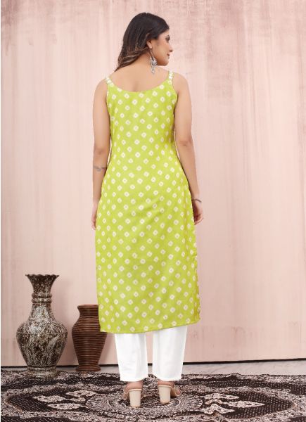 Lime Green Chanderi Silk Digitally Printed Party-Wear Sleeveless Kurti With Pant