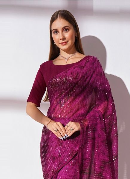 Purple Georgette Digitally Printed Sequins-Work Saree For Kitty Parties