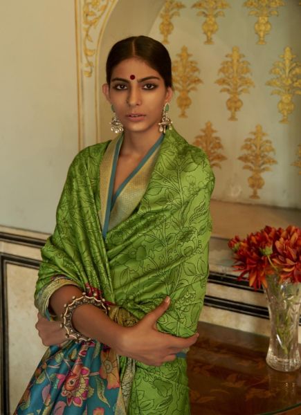 Parrot Green Tusser Silk Printed Party-Wear Saree