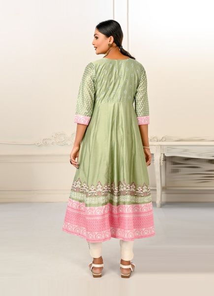 Light Sage Green Cotton Hand Printed Resort-Wear Readymade Anarkali Kurti
