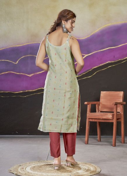 Sage Green Chanderi Silk Digitally Printed Party-Wear Sleeveless Kurti With Pant