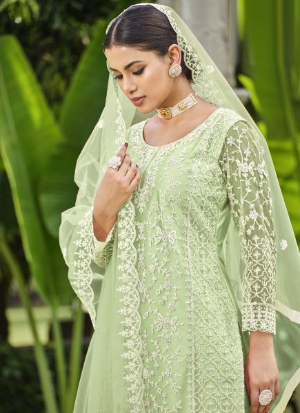 Light Green Net Thread-Work Ramadan Special Pant-Bottom Salwar Kameez