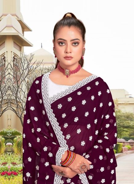 Purple & White Georgette Thread-Work Half-Half Saree For Traditional / Religious Occasions