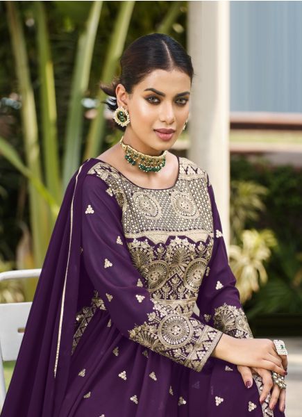 Dark Violet Georgette Embroidered Party-Wear Nyra-Cut Salwar Kameez