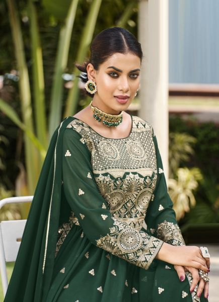 Dark Green Georgette Embroidered Party-Wear Nyra-Cut Salwar Kameez