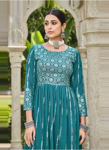 Aqua Blue Georgette Embroidered Party-Wear Nyra-Cut Salwar Kameez