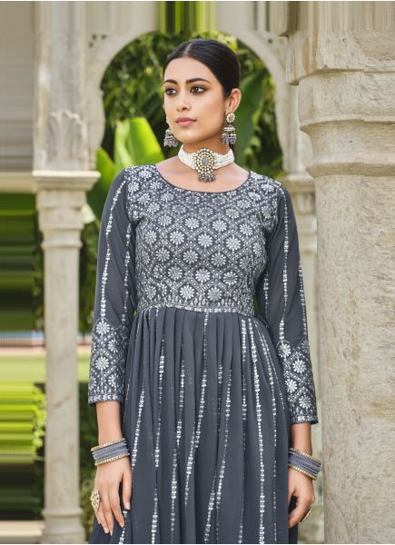 Gray Georgette Embroidered Party-Wear Nyra-Cut Salwar Kameez