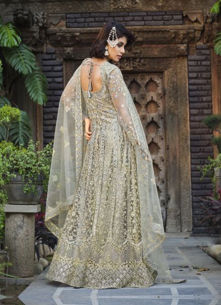 Silver Gray Net With Stone & Embroidery Work Party-Wear Floor-Length Salwar Kameez