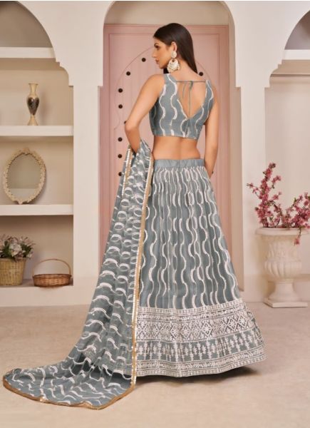 Gray Net With Cotton Thread Embroidery Party-Wear Lehenga Choli