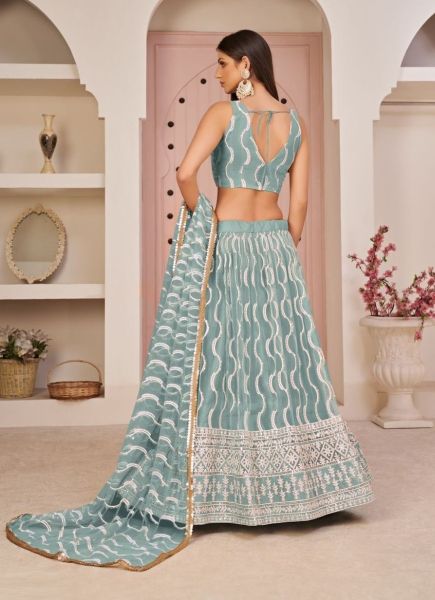 Light Teal Blue Net With Cotton Thread Embroidery Party-Wear Lehenga Choli