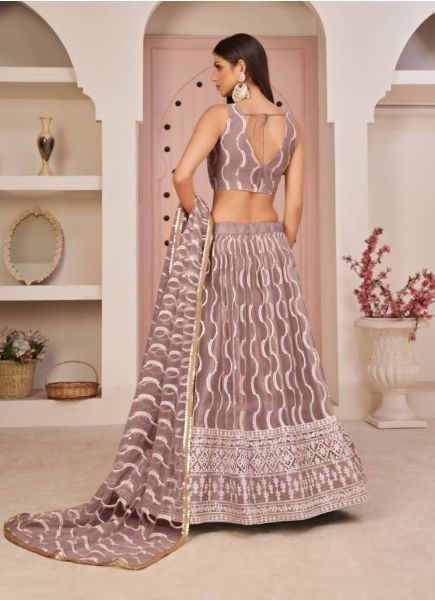Mauve Net With Cotton Thread Embroidery Party-Wear Lehenga Choli
