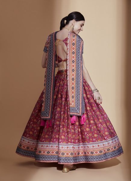 Wine Red Chinon Digitally Printed Lehenga Choli For Traditional / Religious Occasions