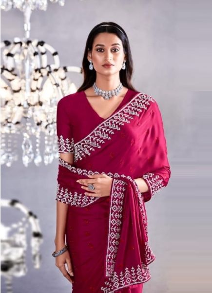 Wine Red Pure Satin Viscose Stone-Work Party-Wear Boutique-Style Saree