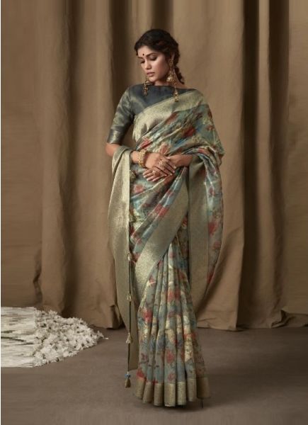 Light Blue Banarasi Tissue Weaving Jacquard Saree For Traditional / Religious Occasions