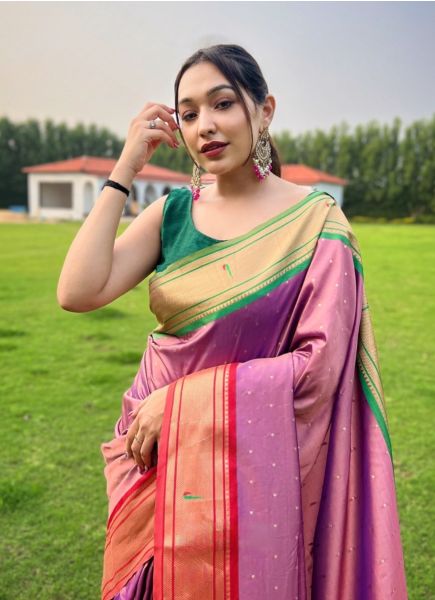 Lilac Paithani Woven Silk Saree For Traditional / Religious Occasions