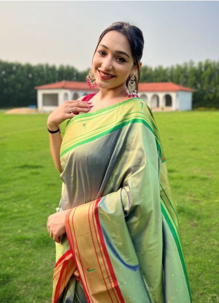 Sage Green Paithani Woven Silk Saree For Traditional / Religious Occasions