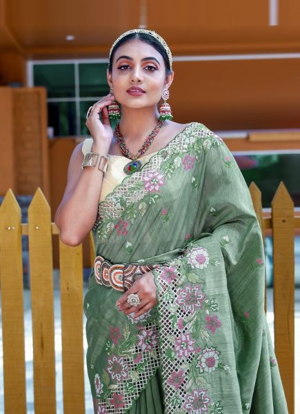 Sea Green Silk Embroidered Festive-Wear Saree