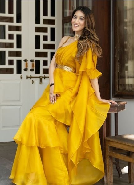 Yellow Organza Party-Wear Ready-To-Wear Saree with Sequins-Work Blouse