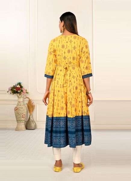Yellow Cotton Hand Printed Resort-Wear Readymade Anarkali Kurti