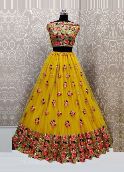 Yellow Net Thread Embroidery & Sequins-Work Party-Wear Stylish Lehenga Choli