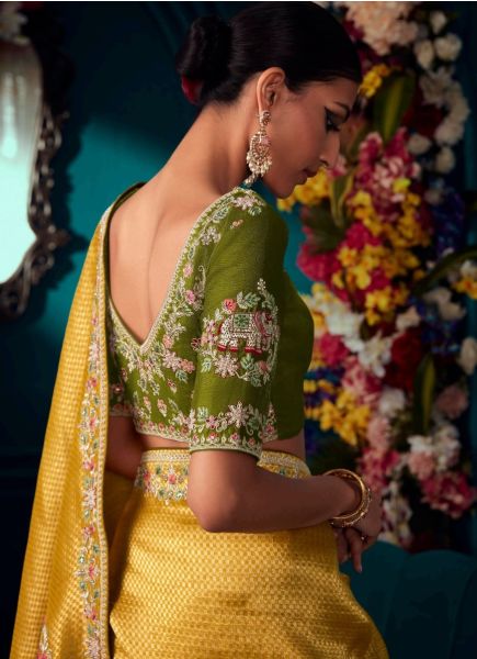 Yellow Kanjivaram Silk Wedding-Wear Saree With Handwork