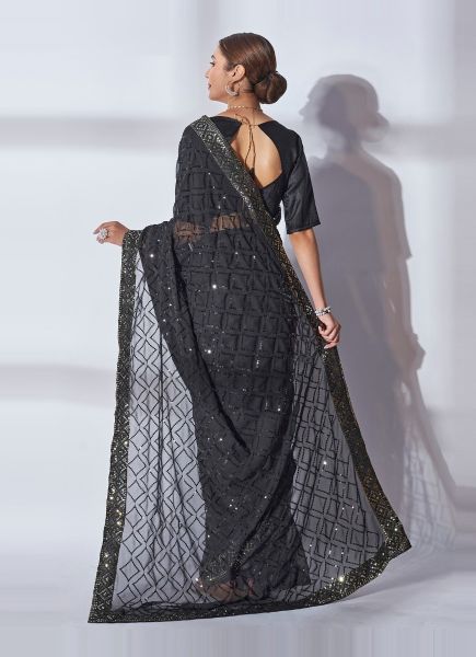 Black Georgette Sequins-Work Saree For Kitty Parties